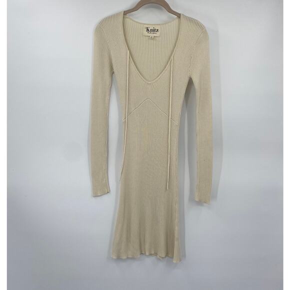 For Love & Lemons Knitz Delancey Mini Sweater Dress Ribbed Tie Neck Cream XS - Picture 3 of 13